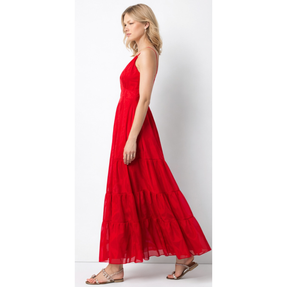 NWT WHITE HOUSE BLACK MARKET WHBM FLAMENCO RED CHIFFON BURNOUT MAXI DRESS SZ 6